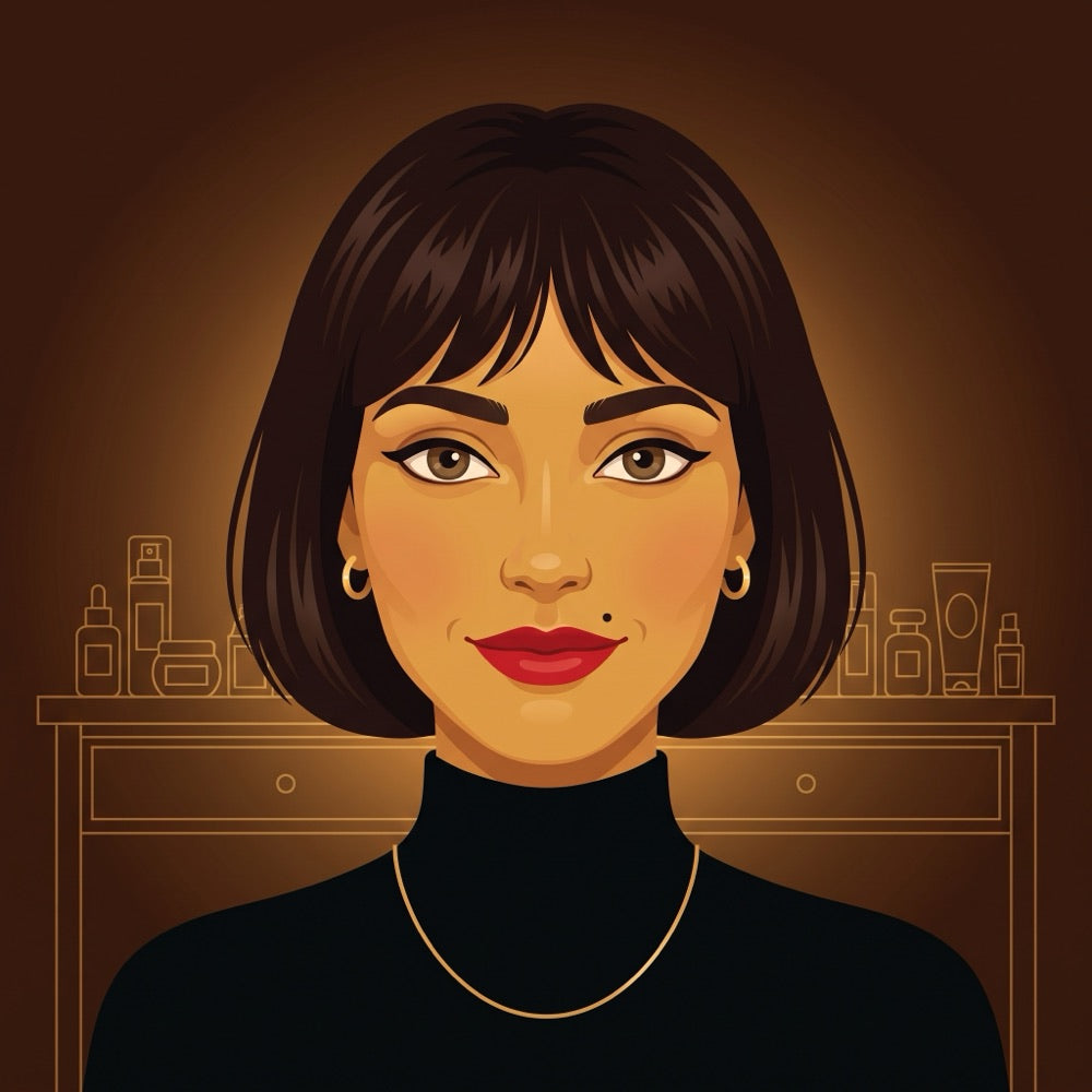eU, the curator: an illustrated portrait of a woman with an espresso bob and fringe, hazel-brown eyes, a beauty mark above her lip and gold hoops